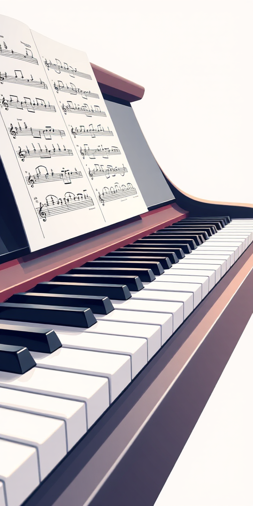 create a high-resolution digital illustration of a piano keyboard with sheet music above it, using a DSLR camera type with a 50mm lens, at f/2.8 aperture, ISO 100, in a studio setting with soft diffused lighting to enhance detail and clarity