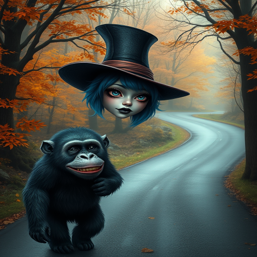 digital art fantasy depicting a strange girl with blue hair, long eyelashes, black lipstick and a tall hat walking along a winding road on an autumn afternoon, an Ape smiles as she passes
