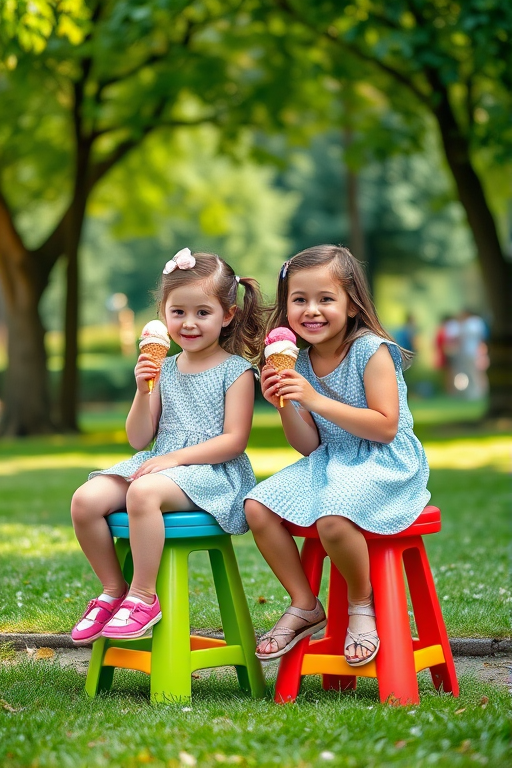 Capture two young girls enjoying ice cream while sitting on colorful stools in a lush green park, using a DSLR camera with a 50mm lens, aperture set to f/2.8 for shallow depth of field, ISO 200 for bright lighting conditions, and a shutter speed of 1/250s to freeze the action, shot from eye level for an intimate perspective.