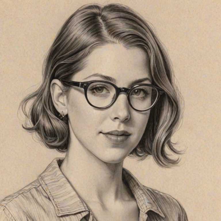 Exquisite Eden Sher, pencil sketch, portrait of Sublime woman 1928s in glasses, hair style beatnik, outline, clear lines, fine lines, 8k