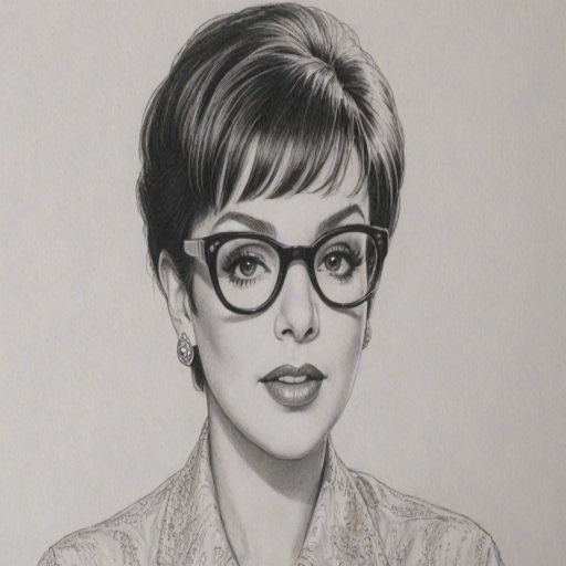 Pleasing Liza Minnelli, pencil sketch, portrait of Exquisite woman 1943s in glasses, hair style beatnik, outline, clear lines, fine lines, 8k