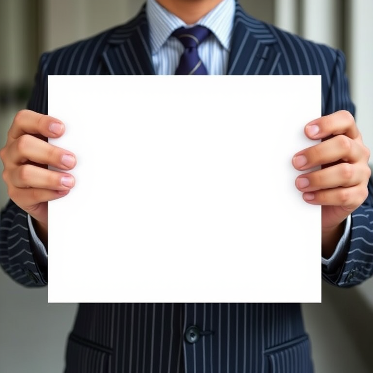 Generate an image of a person in a pinstriped suit holding a blank white board in front of them, shot with a DSLR camera at f/4 aperture, ISO 100, 1/250 shutter speed, from a mid-range perspective, using natural lighting for enhanced clarity.