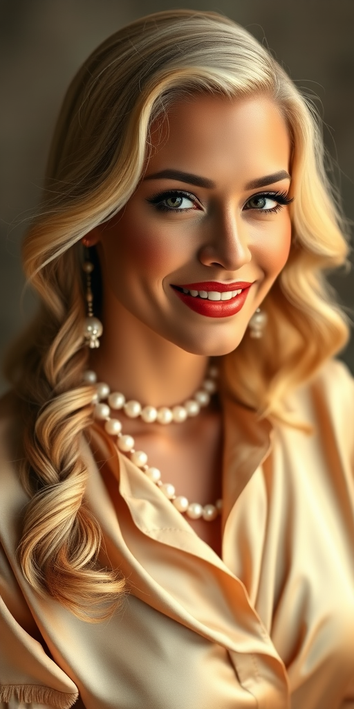 A beautiful Native American woman reminiscent of 1950s Hollywood glamour, with perfectly styled blonde hair and a seductive smile, dressed in a satin blouse and adorned with pearls, soft and warm tones, photorealistic, 8K