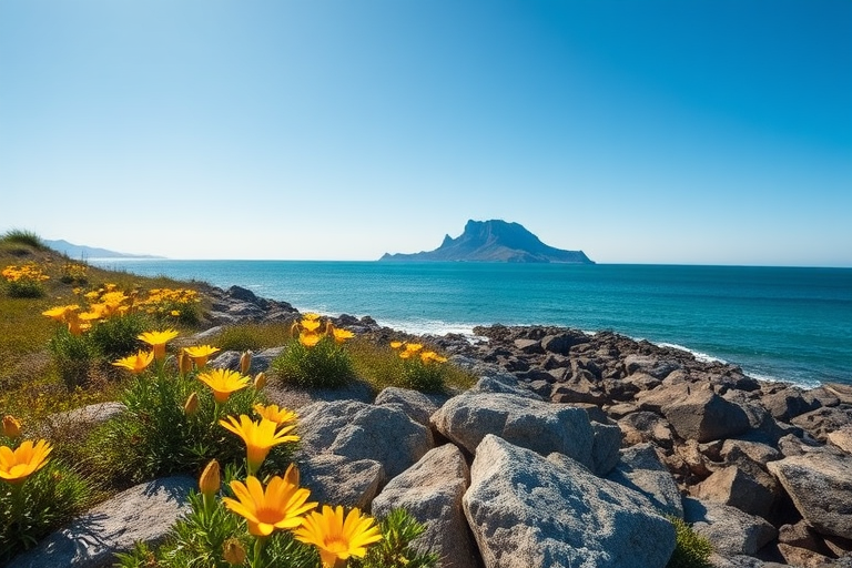 Generate a high-resolution image of a coastal scene featuring a rocky shore with vibrant yellow flowers in the foreground, the ocean extending into the distance, and a mountainous island in the background under a clear blue sky, captured with a Canon EOS 5D Mark IV at f/11, ISO 200, 1/250 sec, wide-angle lens at 24mm for enhanced depth of field and sharpness.