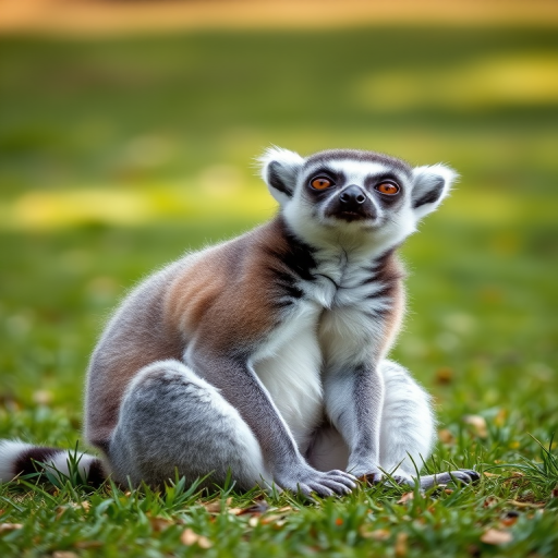 A playful lemur sitting on grass with a blurred background, captured in natural light, using a DSLR camera with a 50mm lens, aperture f/2.8, ISO 100, with a shallow depth of field to enhance detail and focus on the subject.