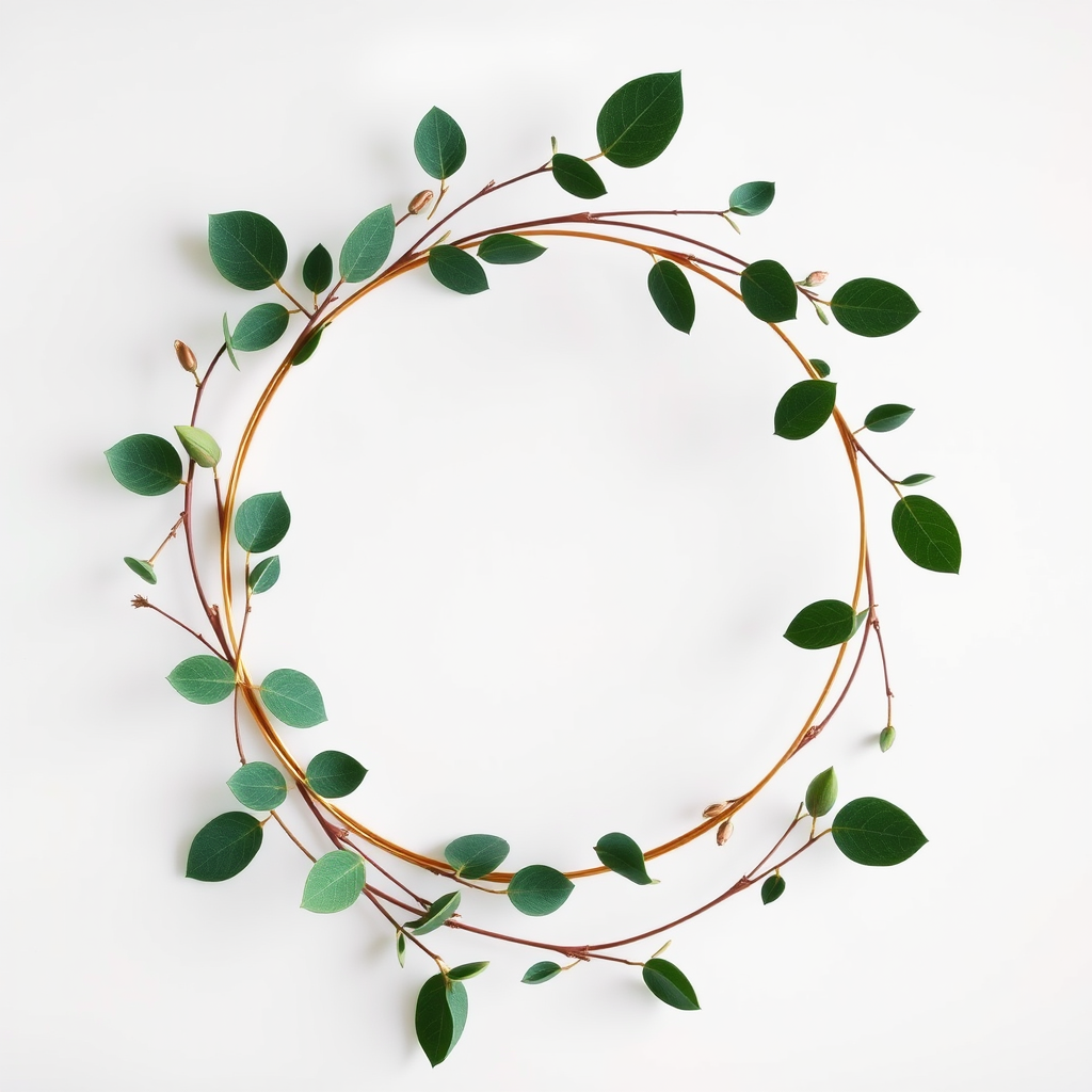 create a botanical wreath with golden circular border and green leaves, shot with a DSLR camera at f/2.8 aperture, ISO 100, 50mm lens, top-down view, soft lighting for a delicate aesthetic