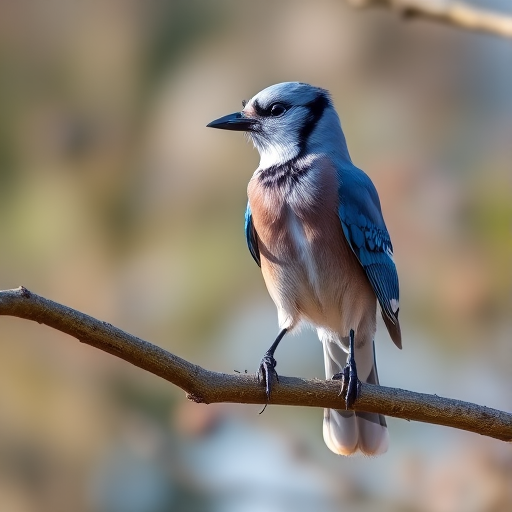 Capture a high-resolution image of a blue jay perched on a tree branch, using a Canon EOS 90D, ISO 200, f/5.6, 1/500s, in natural light with a shallow depth of field to softly blur the background, focusing on the bird with vibrant colors and clear details.