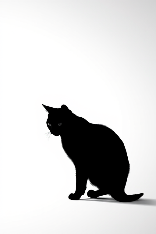 Create a highly detailed vector illustration of a minimalist black cat silhouette against a white background, captured with a Canon EOS R5 at f/2.8, ISO 100, 1/200 shutter speed, in a straight-on view with soft lighting to enhance contrast and clarity.