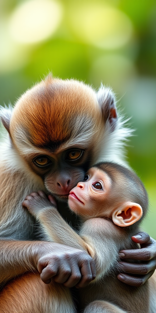 capture a close-up of a mother and baby monkey sharing an affectionate moment, soft focus background, natural lighting, ISO 200, aperture f/2.8, shutter speed 1/500 sec, DSLR camera, macro lens, high resolution