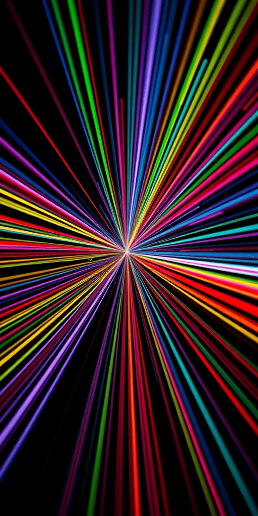 create an abstract image of colorful lines radiating from a central point, using a wide-angle lens, f/8 aperture, ISO 100, 1/60s shutter speed, high-resolution digital camera, vibrant colors with a black background for contrast