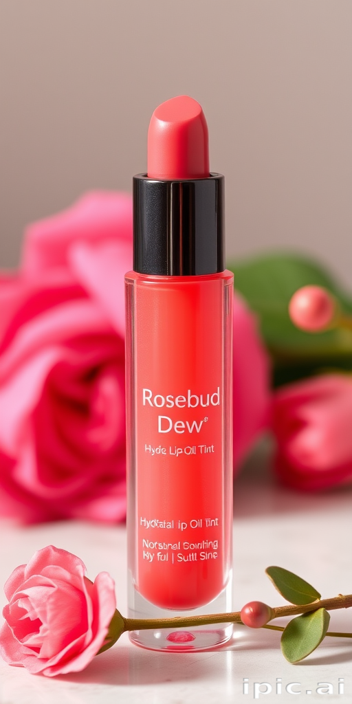 Romantic "Rosebud Dew" hydrating lip oil tint in soft coral, nourishing formula with subtle shine, perfect for achieving a natural and healthy glow