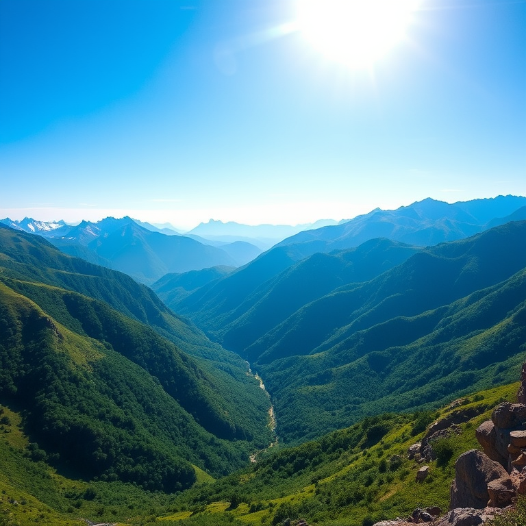 Generate an image of a serene mountain landscape with a clear blue sky and lush green valleys, using a Canon EOS 5D Mark IV camera, 35mm lens, aperture f/8, ISO 100, shot from a wide-angle view at sunrise for enhanced color and detail.