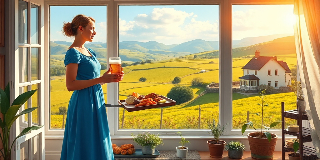 In "A Glass of Beer on the Highland," a serene scene is depicted in a sunlit room where a woman in a vibrant blue dress stands by a large window. She holds a tray with a hearty meal and a frothy glass of beer, embodying a moment of relaxation. Outside, the breathtaking highland landscape features rolling green hills and a charming traditional house, all bathed in warm afternoon light. The interior is adorned with potted plants, creating a harmonious blend of comfort and nature. The painting beautifully captures the tranquility and joy found in simple pleasures amidst stunning scenery
