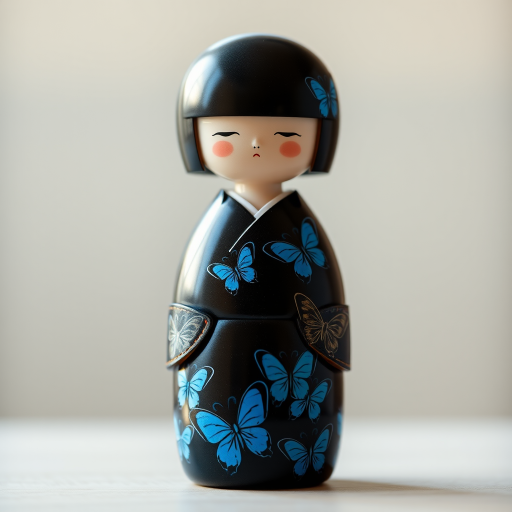 Create a high-resolution image of a traditional Japanese Kokeshi doll with a sleek black dress adorned with blue butterfly designs, using a DSLR camera with a 50mm lens, aperture f/2.8, ISO 100, natural light, and a shallow depth of field for enhanced detail and vibrancy.