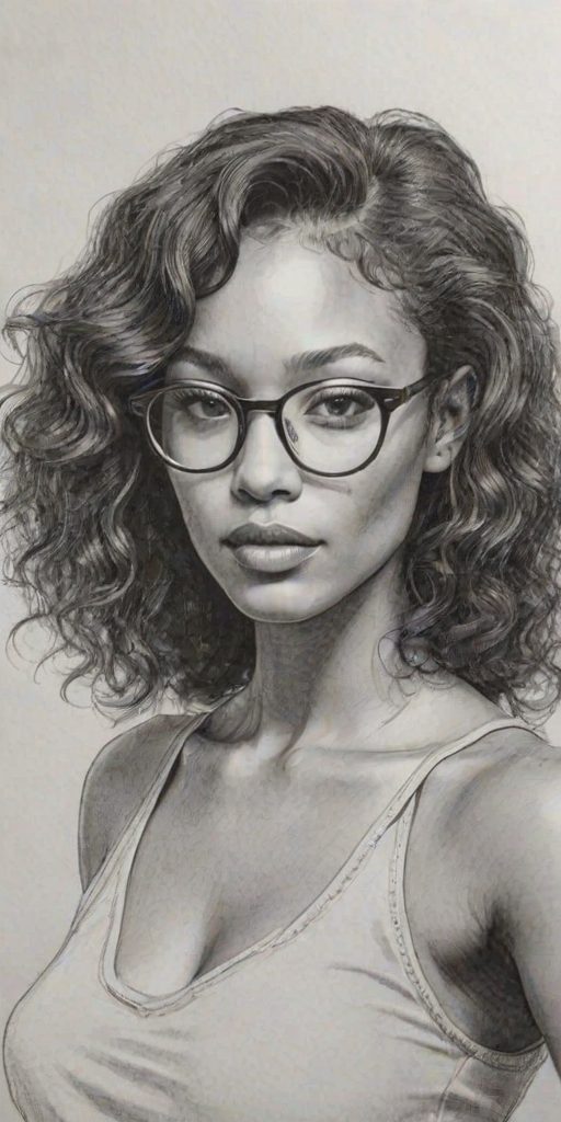 Ravishing Kylie Bunbury, pencil sketch, portrait of Fascinating woman 1976s in glasses, hair style beatnik, outline, clear lines, fine lines, 8k