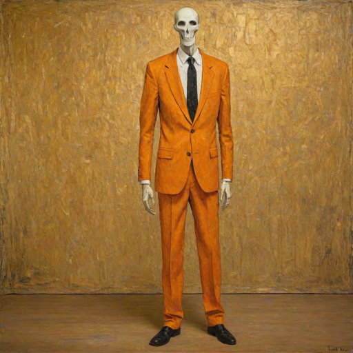 A quirky abstract impressionist painting of a tall, slender figure with a big hand for a head . The hand takes up most of the "head" area. The figure is dressed in a orange suit with a mother-of-pearly tie. It stands against a mottled golden background.  Surrealist, realistic textures, , creative, Klimt, diswashed, Aging effects, grainy