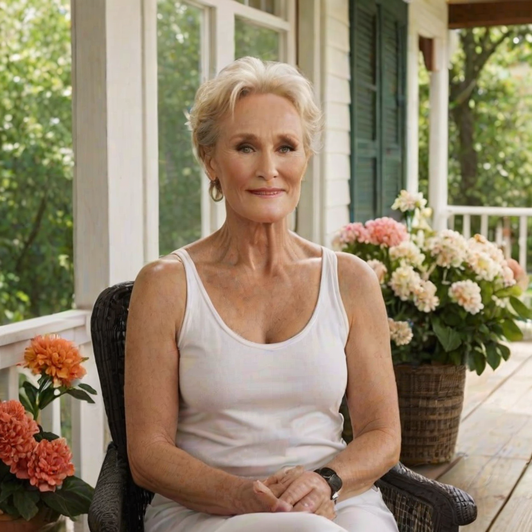A photo of Glenn Close with a background of a cozy porch. She has dark hair pulled back in an updo, with tendrils framing her face. She wears a white tank top and sits on the porch. The porch is part of a well-lit home with a warm, earthy tone and colorful flowers and foliage. The overall scene has a warm, welcoming, and comfortable ambiance.