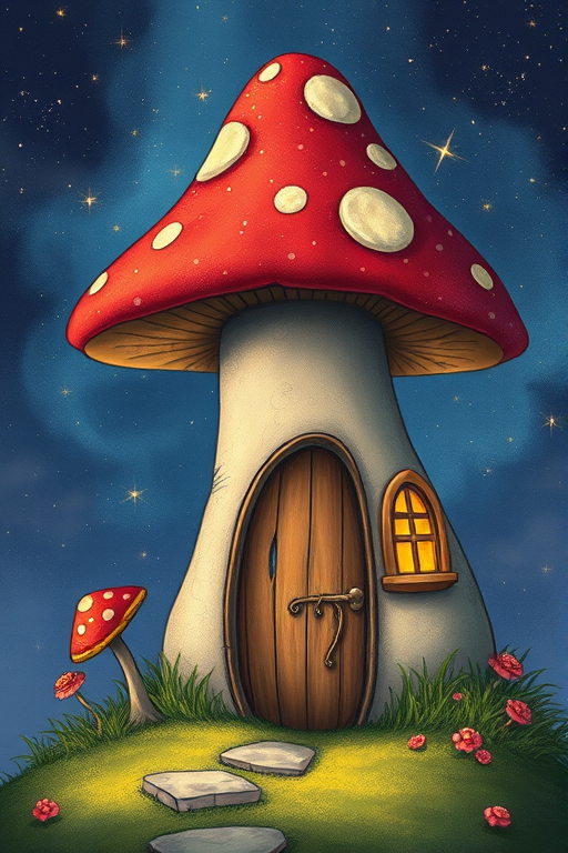 this picture is illustration of a mushroom house with a door and a window, a storybook , fantasy art, mushroom house, bg starry sky, sparkles