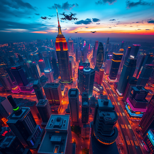 Generate a high-resolution image of a futuristic city skyline at dusk, with vibrant neon lights and flying vehicles, captured with a Canon EOS R5, 24mm f/1.4 lens, ISO 200, aperture f/4, shutter speed 1/60s, using an aerial view for a dramatic perspective.
