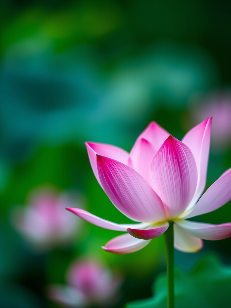 photograph a pink lotus flower in soft focus, shallow depth of field, taken with a DSLR camera at f/2.8, 50mm lens, ISO 100, natural light, capturing details in the petals with a bokeh background