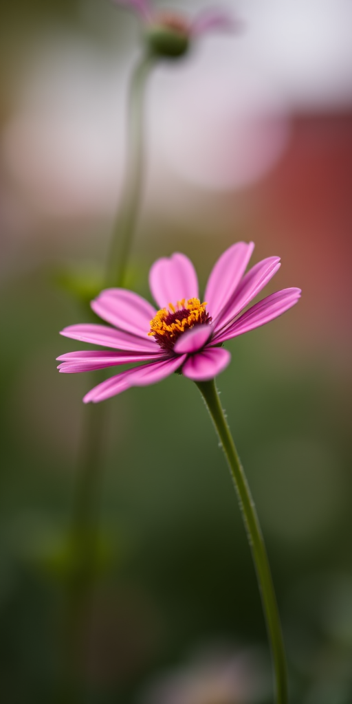 macro shot of a single pink flower against a blurred background with soft bokeh, f/2.8 aperture, ISO 200, 50mm lens, taken with a DSLR camera from a low angle to enhance the flower's texture and colors
