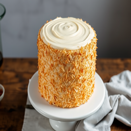 Create an image of a tall round cake with a smooth frosting on top and covered in toasted coconut flakes on the sides placed on a white cake stand with a rustic wooden table underneath and a light gray cloth draped nearby.