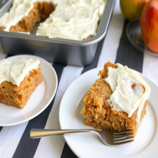 A slice of moist apple cake with cream cheese frosting on a white plate with a fork beside it, another slice on a nearby plate, and a metal baking pan in the background on a striped tablecloth.