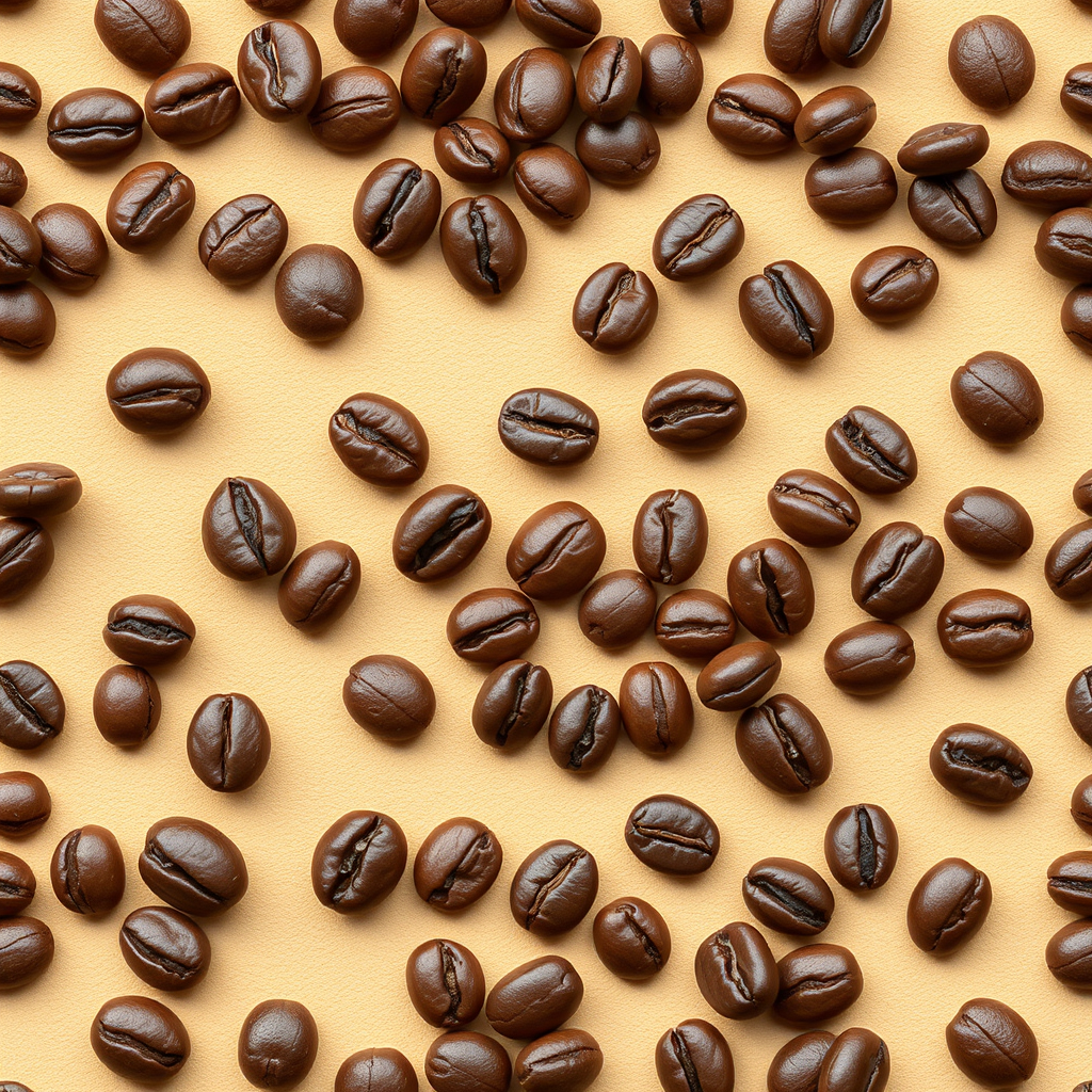 high-resolution seamless coffee bean pattern on a warm beige background, macro lens, f/8 aperture, 50mm focal length, natural lighting, studio quality