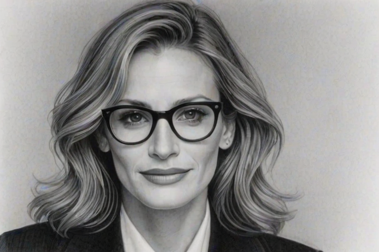 Superb Julia Roberts, pencil sketch, portrait of Pleasing woman 1934s in glasses, hair style beatnik, outline, clear lines, fine lines, 8k