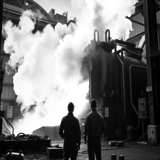 Create a detailed industrial scene with two workers in front, observing a large machine pouring molten material, dramatic steam and smoke filling the air, captured in high contrast black and white, shot with a Canon EOS R5, 35mm lens, aperture f/8, shutter speed 1/250 sec, ISO 200, wide-angle view to enhance depth and detail in the environment.