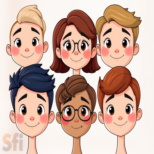 Generate a high-quality illustration of four cartoon-style faces arranged in a 2x2 grid, featuring diverse expressions and hairstyles, captured with a DSLR camera at f/2.8 aperture, 50mm focal length, natural lighting, and a shallow depth of field for a soft background blur.