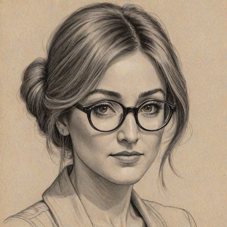 Bewitching Sasha Alexander, pencil sketch, portrait of Exquisite woman 1922s in glasses, hair style beatnik, outline, clear lines, fine lines, 8k