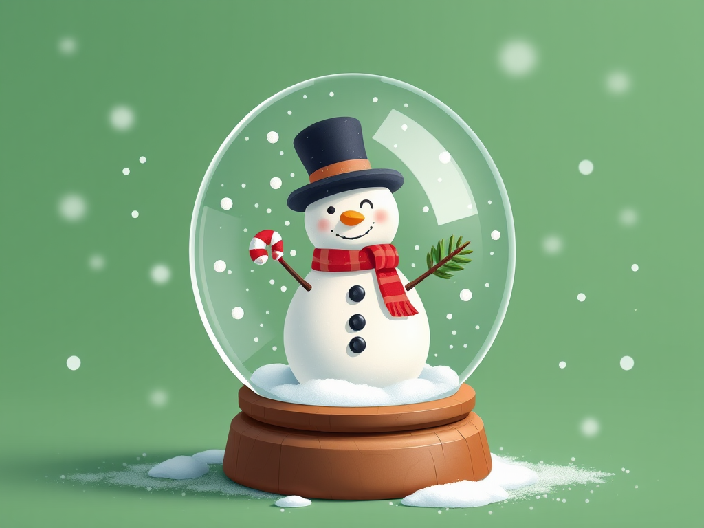 Create a high-resolution illustration of a snow globe featuring a snowman with a black hat, candy cane, and pine cone, set on a wooden base, surrounded by falling snowflakes on a green background, using a Canon EOS R5 camera with a 50mm f/1.8 lens, aperture set to f/4, ISO 200, and a soft-focus depth of field for a magical holiday effect.