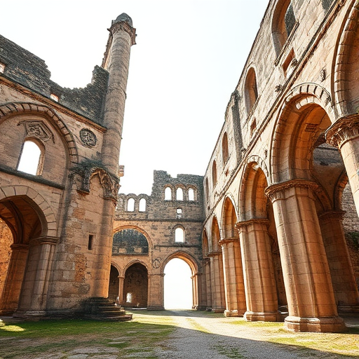 capture a high-resolution image of medieval ruins with intricate stonework under soft natural light, use a wide-angle lens at f/8 to achieve a deep depth of field, set ISO to 100 for clarity, and position the camera at a low angle to emphasize the grandeur of the architecture