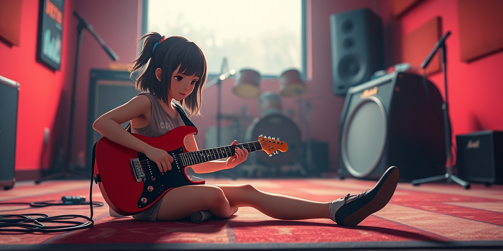 Create a high-resolution animated image of a girl sitting on the floor playing an electric guitar in a band practice room with a red and black color scheme, using a Canon EOS R5 camera, 50mm lens, f/1.8 aperture, ISO 100, 1/200 sec shutter speed, capturing a close-up view with a vibrant, artistic style.