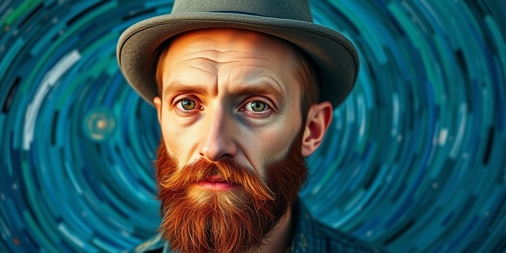 create a vibrant self-portrait inspired by Vincent van Gogh featuring swirling blue and green backgrounds, with a focus on bold brush strokes and expressive colors, taken with a Canon EOS R5, 85mm lens, f/1.4 aperture, ISO 100, natural light to enhance depth and texture