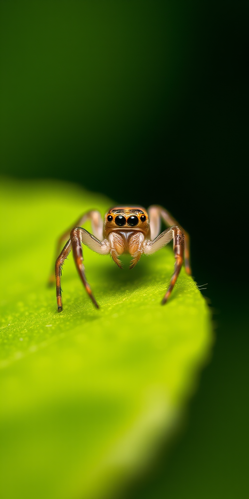 macro shot of a jumping spider on a green leaf with a shallow depth of field, f/4 aperture, 1/200 sec shutter speed, ISO 100, 100mm macro lens, natural lighting, DSLR camera, soft focus background