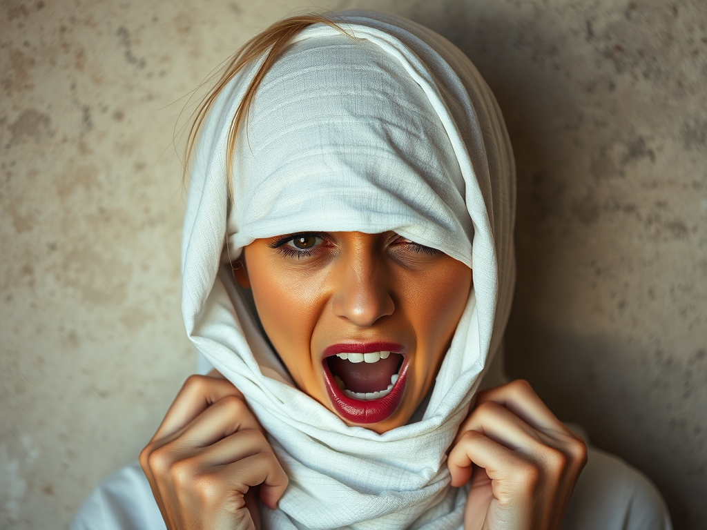 Create a close-up photographic image of a Arab woman with light skin tones shown against an old, worn wall. Their head is wrapped in a white cloth covering (i.e.... parts of the head except the nose and mouth, which are open as if they are screaming...), with a slight texture and visible folds in the fabric. Thin strands of blonde hair escape from the wrapping above, falling lightly at the top and sides. Their hands hold the fabric as if they are tugging nervously. The lighting is dramatic and even, casting strong shadows. The image has a minimalist and surreal style with an emphasis on simplicity with soft color tones. The composition is centered.