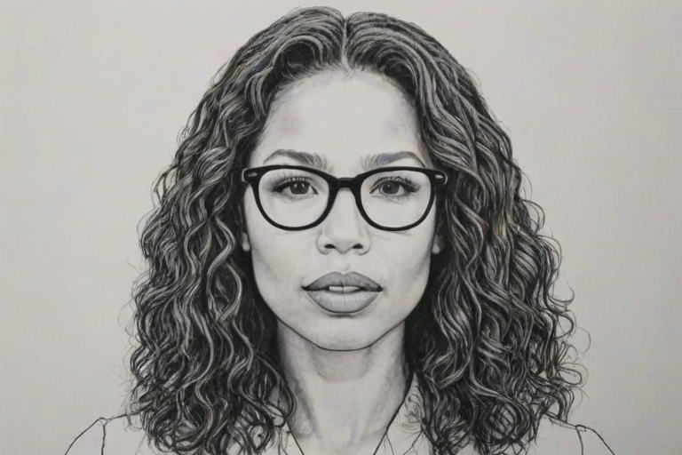 Elegant Jurnee Smollett-Bell, pencil sketch, portrait of Superb woman 1967s in glasses, hair style beatnik, outline, clear lines, fine lines, 8k