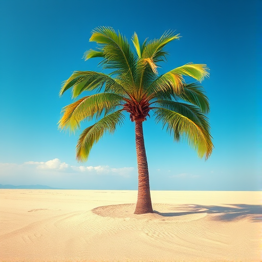 Create a vibrant illustration of a palm tree on sandy ground, using a digital art style with high contrast colors, detailed textures, and soft shadows, shot with a high-resolution camera at f/2.8 aperture, 50mm lens, and a shallow depth of field to emphasize the tree.