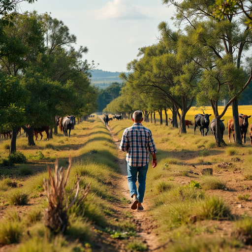 regenerate an image of a person walking through a rural landscape with trees and cattle, using a DSLR camera with a 50mm lens, f/2.8 aperture, ISO 100, 1/250 second shutter speed, in natural light to enhance depth and clarity, captured at eye level with a shallow depth of field