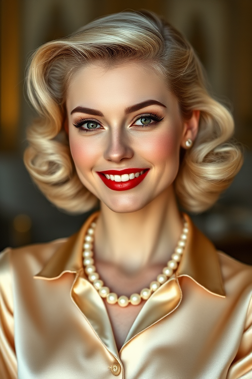A beautiful Caucasian woman reminiscent of 1950s Hollywood glamour, with perfectly styled blonde hair and a seductive smile, dressed in a satin blouse and adorned with pearls, soft and warm tones, photorealistic, 8K