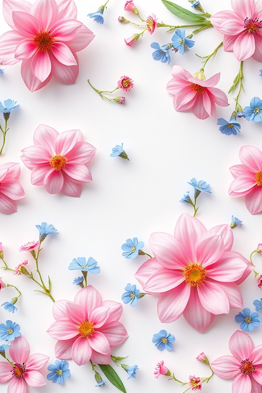 Floral pattern design featuring pink and blue flowers on a white background, shot with a Canon EOS R5, 50mm lens, f/2.8 aperture, ISO 100, natural soft light from a window, top-down view for an even texture.
