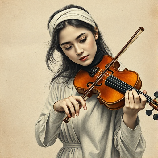 a young Turkish woman with a white headband playing a violin, in the style of a charcoal drawing, sepia grunge background