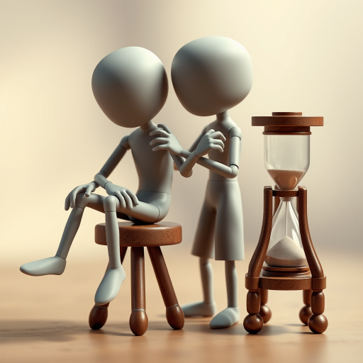 Create a high-resolution 3D rendering of two stylized humanoid figures, one sitting on a stool and the other playfully pulling its arm, with a vintage hourglass beside them, using a Canon EOS R5 camera, 50mm lens, f/1.8 aperture, ISO 100, and a soft focus background to enhance the details and create depth.