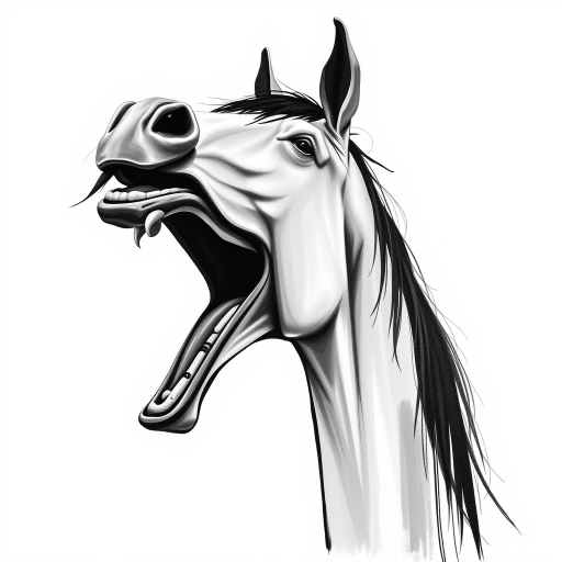 Abstract black and white acrylic portrait of an over exaggerated laughing (horse). Minimalism style. White background.