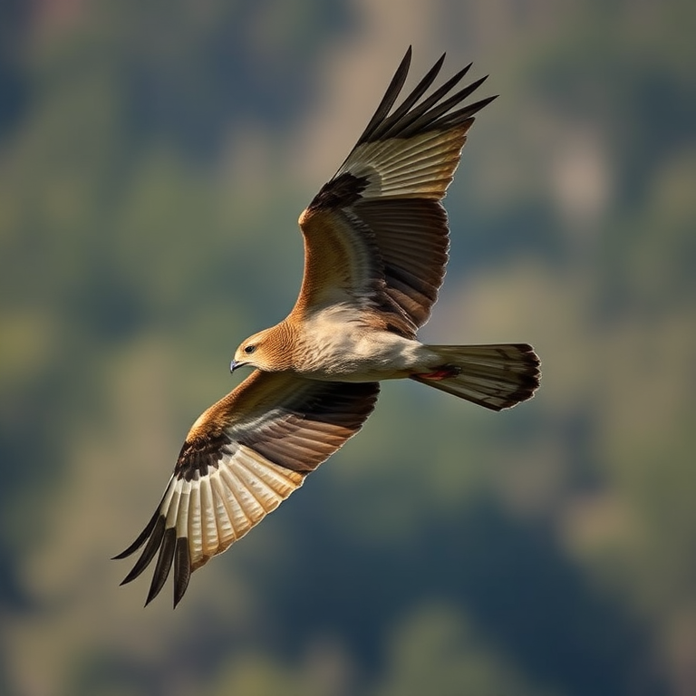 a soaring bird in mid-flight with detailed feather textures, captured with a DSLR camera at f/4 aperture, 1/1000s shutter speed, ISO 200, in a landscape orientation with a focus on the bird's wings and a blurred background to emphasize motion