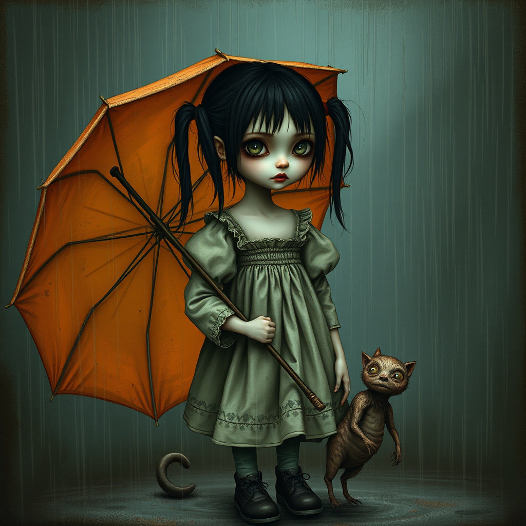 An eerie, weird little girl with dark hair in thin pigtails, wearing a smock dress, standing in the rain, holding a dirty orange umbrella, a small, odd creature beside her. In a surreal style inspired by Nicoletta Ceccoli and Brian Froud. Dark fantasy themes