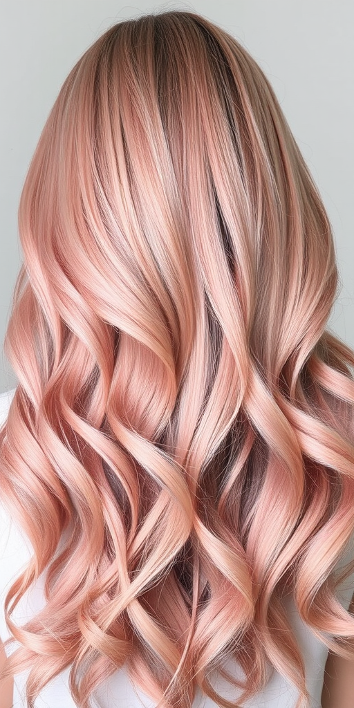 Graceful photograph featuring Rose Gold Mist tresses, a soft pink-tinged metallic hue in long, flowing layers with subtle waves throughout