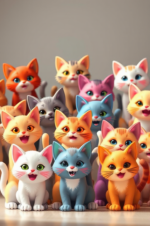 Create an array of playful cartoon cats in various colors, with each cat displaying a unique expression and pose, captured using a DSLR camera at f/8 aperture, ISO 200, shutter speed of 1/125s, in a bright well-lit environment with a slight vignette effect for depth.